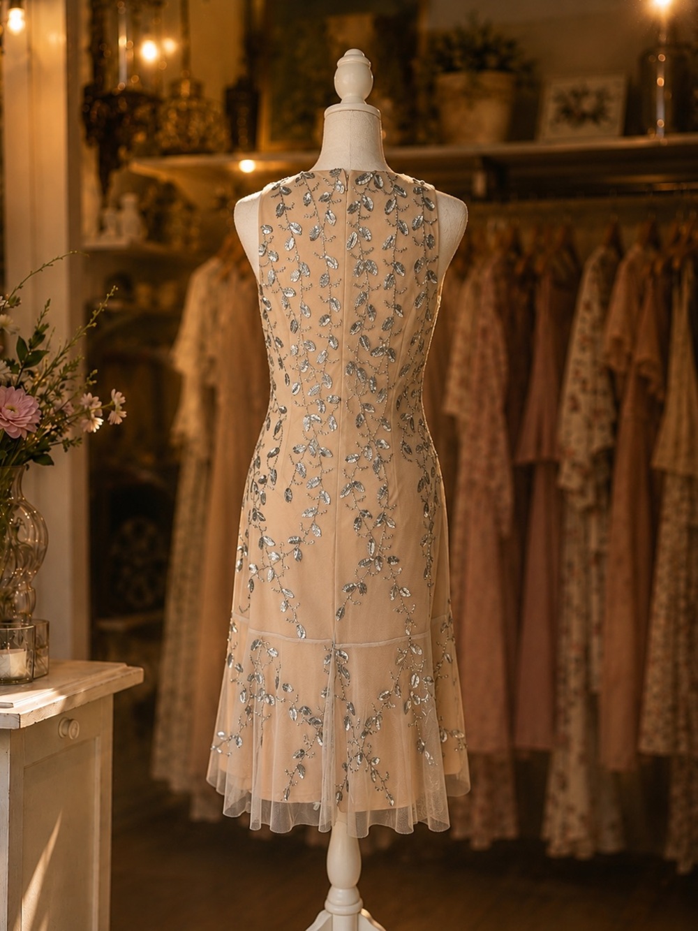 Adrianna Papell Vintage Beige Silver Sequin Beaded Midi Dress Size 4 - Picture 3 of 5